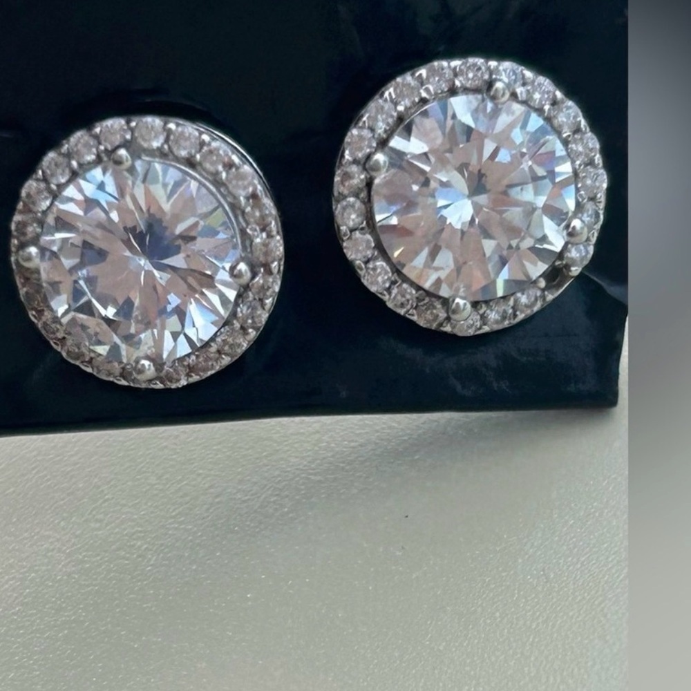 Round Crystal Halo CZ Faux Diamond Silver Earrings Affordable Luxury Earrings - Picture 7 of 11